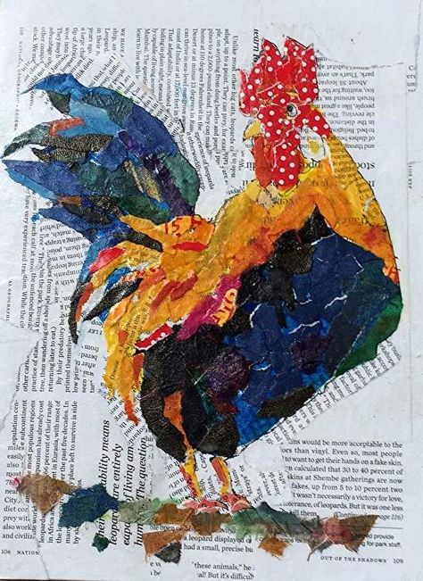 Chicken Collage Art, Mix Media Artwork, Chicken Collage, Rooster Collage, Mixed Media Collage Artwork, Tissue Paper Collage, Bird Collage, Earth Drawings, Newspaper Art