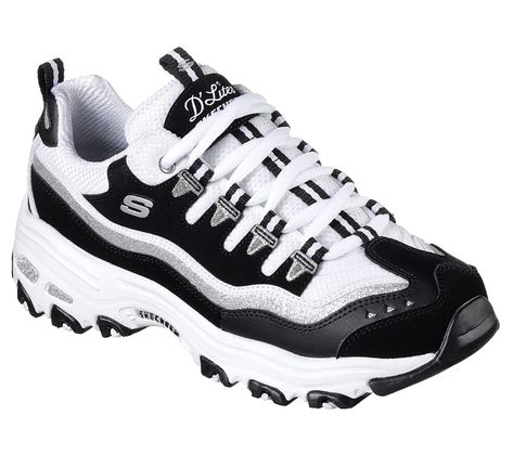 Athletic Black Women, Skechers D'lites, Black Lace Shoes, Black Skechers, Sketchers Shoes, Skechers D Lites, Black Lace Up Shoes, Black Athletic Shoes, Skechers Sneakers