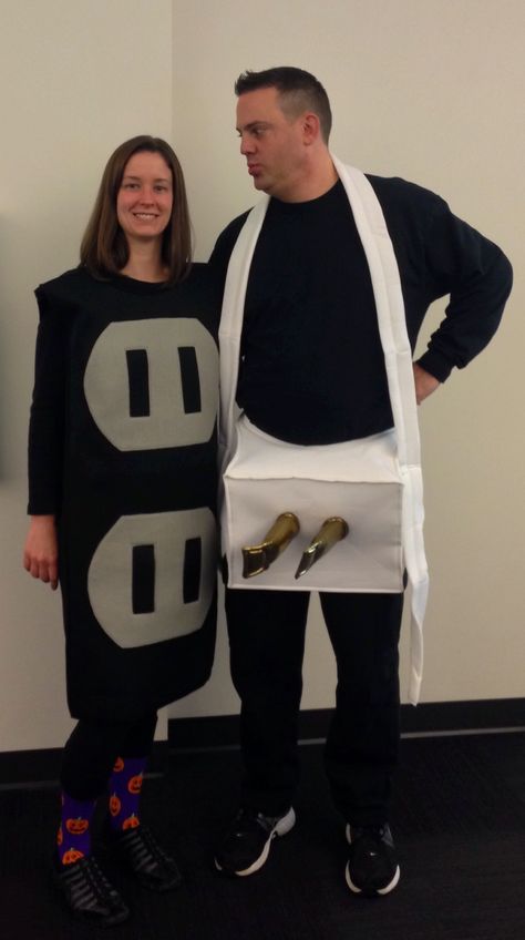 Ashels and I nailed it. Plug and Outlet. Funny Couples Halloween Costume Funny Costume For Men, Plug And Outlet Costume, Tampon Halloween Costume, Halloween Costumes Easy Couples, Funniest Couple Costumes, Weird Couples Costumes, Funny Partner Costumes, Duo Couple Costumes, Funny Costumes For Couples