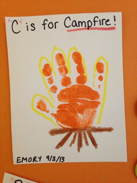 C is for Campfire Infant Handprint Letter C Infant Art, Yellow Handprint Art, C Is For Camping Craft, Infant Themes Daycare, Crafts For The Color Orange, Orange Infant Crafts, Letter C Handprint Crafts For Preschool, Letter C Footprint Craft, Camping Art Projects For Infants