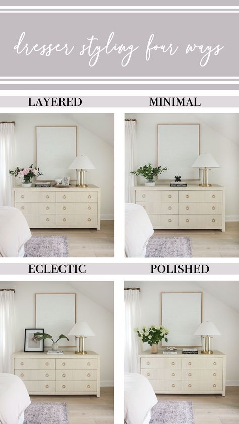 Styling Dresser Under Tv, Tray For Bedroom Dresser, One Dresser Bedroom, Styled Dresser With Mirror, Dresser By Bed, Dresser Decor Neutral, Master Room Dresser Decor, Bedroom Dresser Decor Minimalist, Wall Art Above Dresser