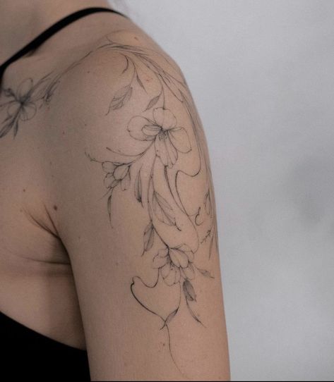 Shoulder Arm Tattoos For Women Unique, Healed Fineline Tattoo, Flowy Shoulder Tattoo, Ethereal Flower Tattoo, Whimsical Shoulder Tattoo, Flowy Botanical Tattoo, Phenix Tattoo For Women Arm, Upper Arm Half Sleeve Tattoo For Women, Collar Bone Shoulder Tattoo