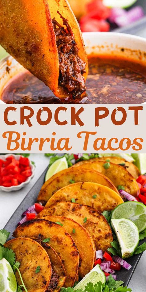 Easy Crock Pot Birria Tacos is a juicy and flavorful way to enjoy Birria Tacos at home. Tender meats cooks in a delicious sauce for a delicious meal idea. These Birria Taco Meat, also know as quesabirria tacos, cook easily in the slow cooker. Crispy corn tortillas are filled with the juicy meat creates delicious tacos that everyone will love. #eatingonadime #crockpotbirriatacos #easyrecipe Crockpot Taco Pie, Birria Taco Recipes Easy, Birra Taco Soup, Short Ribs Tacos Slow Cooker, Birria Tacos Crock Pot, Crock Pot Barrio Tacos, Easy Crock Pot Birria Tacos, Easy Beef Birria Tacos Recipe, Burris Tacos Crockpot