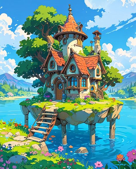 "Magical and Tranquil house" #aiart #animeillustration #illustrationart #illustration #illustrator #art #design #drawing #painting #artwork #generativeartworks #house #lake #landscape Fantasy House Design Art, Fantasy House Illustration, Tiny House Illustration, Fantasy House Drawing, Cute House Illustration, Fantasy House Art, Tranquil House, Tiny Glade, Cottage Drawing