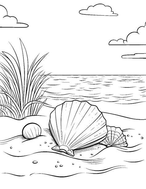 Sand Castle Coloring Page, Free Seashell Printables, Sea Shell Coloring Sheets, Beach Scene Coloring Pages, Coastal Coloring Pages, Summer Outline Drawings, Beachy Coloring Pages, Free Beach Coloring Pages, Cute Coloring Sheets Aesthetic