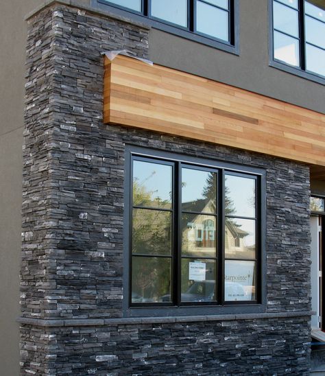 Stacked Stone - Dark Rundle - Ecostone ... Stone Siding Exterior, Stacked Stone Fireplaces, Stone Exterior Houses, Stone Wall Design, House Cladding, Bungalow Exterior, Stone Facade, Stone Panels, Wall Exterior