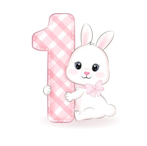 Rabbit First Birthday Party, Happy Birthday 1 Year, Bunny Birthday Theme, Happy Birthday Baby Girl, First Birthday Posters, Birthday Icon, First Birthday Cards, One Year Birthday, Birthday Illustration