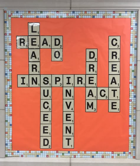 Scrabble Bulletin Board Crossword Puzzle Bulletin Board, Scrabble Classroom Door, Crossword Bulletin Board, Scrabble Classroom Theme, Scrabble Bulletin Board Ideas, English Bulliten Boards, Design For Bulletin Boards, Board Game Bulletin Boards, Games Bulletin Board Ideas