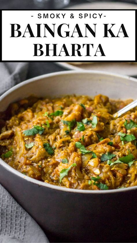 If you're new to Indian cooking, start with this easy and tasty Baingan Bharta recipe. This post simplifies the process of making the classic roasted eggplant mash, making it doable for everyone. With clear instructions and minimal ingredients, you'll be able to serve up a delicious and authentic Indian dish that's sure to impress. Baigan Choka Recipe, Began Bharta Recipe, Bharta Recipe Indian, Mashed Eggplant Recipes, Bindhi Masala Recipes, Cabbage Indian Recipes, Eggplant Indian Recipes, Bengan Bharta Recipe, Baigan Bharta Recipe