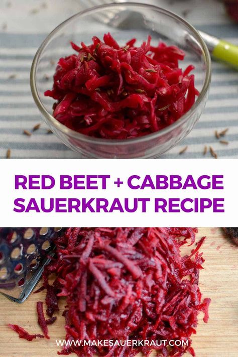 This simple, small-batch recipe includes mineral-rich red beets for a nice twist on traditional sauerkraut. PDF Recipe. Beneficial probiotics. Red Cabbage Sauerkraut, Fermented Vegetables Recipes, Making Sauerkraut, Fermented Sauerkraut, Sauerkraut Recipe, Homemade Sauerkraut, Sauerkraut Recipes, Fermentation Recipes, Fermented Vegetables