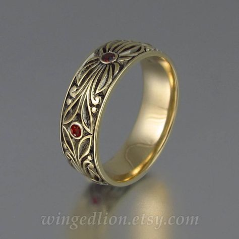 The+RED+COUNT+mens+wedding+band+in+14K+yellow+gold+with Rose Gold Mens Wedding Band, Dreamy Jewelry, Mens Wedding Rings Unique, Filigree Wedding Band, Garnet Wedding, Pinky Rings, Mens Gold Wedding Band, The Count, White Gold Diamond Rings