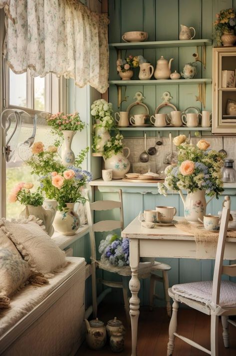 Cottagecore interior exudes cozy charm with floral patterns, rustic wooden furniture, soft pastel hues and vintage accents. Cottagecore Soft Aesthetic Room, Cottagecore Interior Living Room, Victorian Cottagecore House Interior, Cottagecore Aesthetic Living Room Vintage, Boho Cottagecore Decor, Pastel Farmhouse Decor, Cottagecore Kitchen Aesthetic Vintage, Floral House Decor Interior Design, Vintage Cottage Living Room Ideas