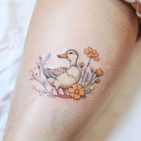 Duck And Bunny Tattoo, Mother Goose Tattoo, Duck And Ducklings Tattoo, Cute Duck Tattoo, Mallard Duck Tattoo, Duckling Tattoo, Duck Tattoo Ideas, Goose Tattoo, Chicken Tattoo