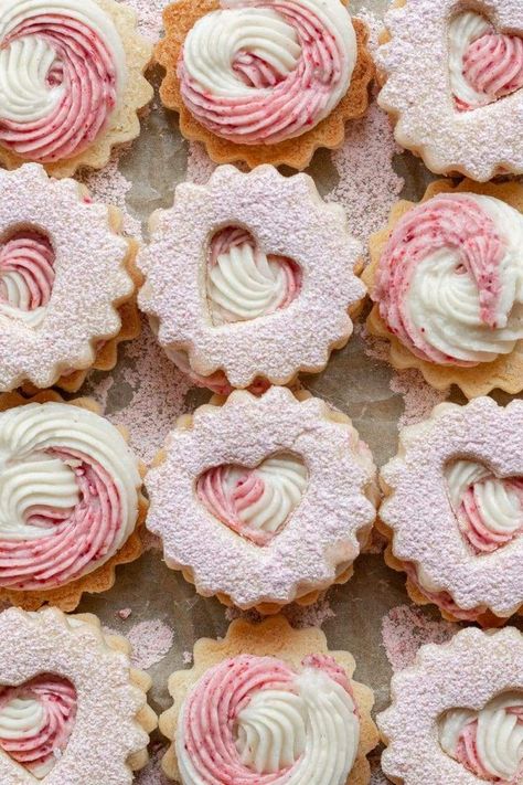 Valentine's Linzer Cookies Valentine Cookie Boxes, Valentines Blondies, Valentines Bakes, Slice And Bake Valentine Cookies, Valentines Linzer Cookies, Linzer Cookies Aesthetic, Peppermint Brownie Cookies, Winter Sweets, Linzer Cookie