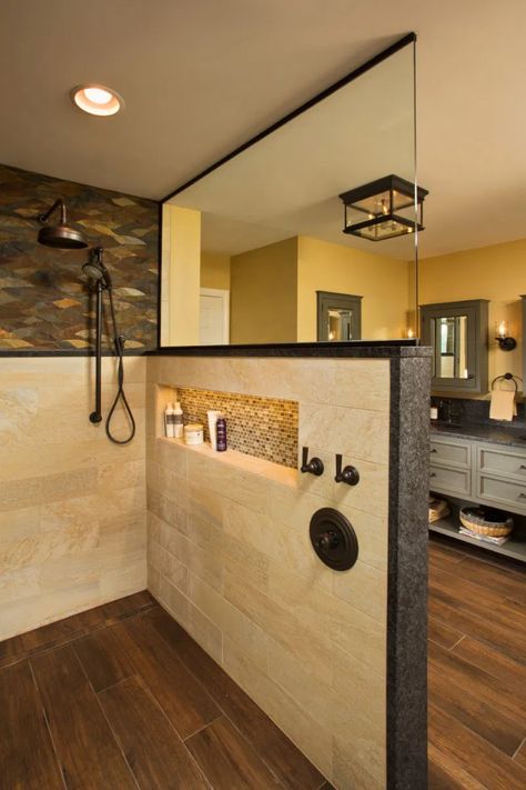 Stand In Shower Tile Ideas, Shower Controls On Side Wall, Master Shower Built In Shelf, Masterbath Showers Walk In With Tub, Bathroom Half Wall Shower Walk In, Doorless Shower With Pony Wall, Half Shower Wall Walk In, Shower With Shampoo Shelf, Doorless Showers Walk In Master Bath Tile