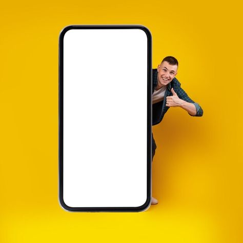 Happy man posing with big cellphone gest... | Premium Photo #Freepik #photo #man-phone #man-with-mobile #mobile #phone Happy Man Photography, Phone Ads, Graphic Pictures, Mobile Ads, Man Jumping, Dark Room Photography, Man Posing, Wisdom Thoughts, Banners Design