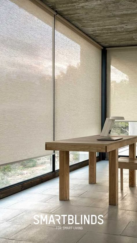 Japandi Blinds, Wabi Sabi Blinds, Minimilst Blinds, Modern Bay Window Ideas, Window Ideas, Window Blinds, Large Window Automatic Blinds, Blinds And Curtains Living Room, Wooden Blinds Living Room Blinds.com