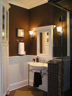 chocolate brown paint color for walls | Chocolate Brown Walls on Pinterest | Brown Walls, Orange Accent Walls ... Brown Bathroom Paint, Chocolate Brown Walls, Dark Brown Bathroom, Bathroom Brown, Chocolate Walls, Dark Brown Walls, Brown Shower Curtain, Cream Bathroom, Small Bathroom Colors