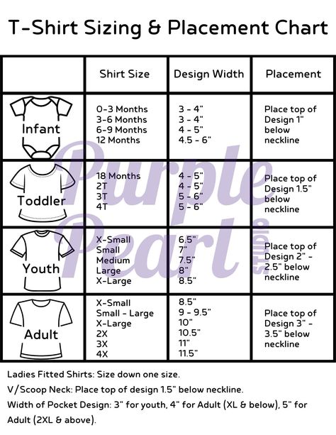 Perfectly sized and placed designs everytime! This quick and handy printable guide will take the guesswork out. If you are new or experienced in making t-shirts, this will help you make your designs the perfect size each time, as well as place them properly on the shirt. Works for infant onesies, toddler sizes, youth, or adult shirts. T Shirt Guide For Htv, Print Size Guide For Shirts, Decal Sizing For Shirts, T Shirt Design Size Guide, Shirt Design Size Chart, Image Size Guide For Shirts, Sublimation Sizes For Shirts, Cricut Tshirt Size Guide, Htv Sizing For Shirts