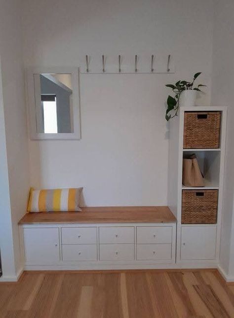 Space Saving Furniture Tiny Houses, Ikea Entryway, Mudroom Remodel, Dining Corner, Ikea Kallax Hack, Living Room Plan, Ikea Hallway, Home Hall Design, Kallax Ikea