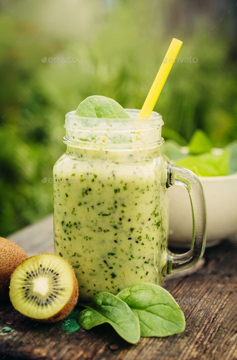 Smoothie with spinach and kiwi by Vell. Healthy homemade Mason Jar smoothie with spinach and kiwi â€?20Healthy eating, dieting, vegetarian food concept. Shallow... #AD #Healthy, #homemade, #Mason, #Vell Mason Jar Smoothie, Smoothie With Spinach, Photos Collage, Spinach Smoothie, Drink Photo, Food Concept, Kiwi Fruit, Art Animals, Food Photography Styling