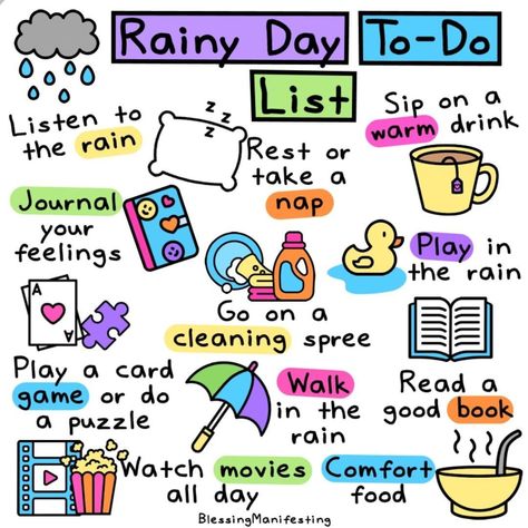 Photo by BlessingManifesting.com on July 29, 2020. Image may contain: text that says 'Rainy Day To-Do List Listen to the rain Sip on warm drink or take a nap Journal your feelings Play in the rain Go on a cleaning spree Play a card game or do puzzle Read a good book Walk in the rain Watch movies Comfort all day food BlessingManifesting' Rainy Day Self Care, Overused Words, Planner Doodles, Mottos To Live By, Things To Do Today, Biker Chick, Bullet Journal Doodles, Self Care Activities, A Rainy Day