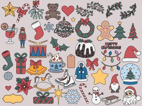 Cute Christmas Sticker Art Christmas Elements Illustration, Christmas Ornaments Drawing, Christmas Stickers Png, Xmas Doodles, Winter Doodles, Xmas Clipart, Doodle Clipart, Hand Drawn Doodles, Christmas Doodle