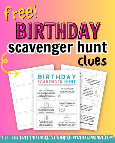 A birthday scavenger hunt is a memorable way to start the day when celebrating a birthday milestone. It adds a little extra excitement to handing over gifts and turns the birthday celebration moment into an experience that kids especially will remember. Free printable birthday scavenger hunt clues. Birthday scavenger hunt ideas. Birthday treasure hunt clues for in the house. Fun birthday treasure hunt ideas. Scavenger Hunt For Birthday Gift, Birthday Scavenger Hunt For Teens, Birthday Present Scavenger Hunt, Birthday Scavenger Hunt Kids, Birthday Scavenger Hunt Clues, Kids Birthday Morning, Birthday Treasure Hunt Clues, Outdoor Scavenger Hunt Clues, Treasure Hunt Ideas