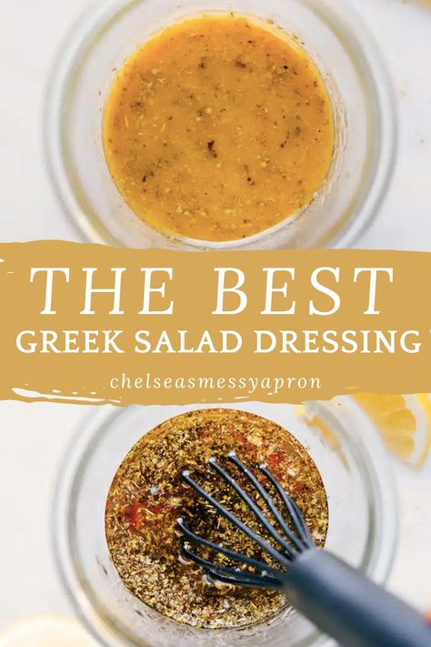 This Greek Salad Dressing is one for the books! It’s lively and tart with fresh lemon juice, a touch of tang from the vinegar, and the perfect amount of sweetness from the honey. This Greek vinaigrette is the perfect accompaniment to so many dishes and is simply unbeatable on this easy Greek salad! #best #quick #easy #simple #greeksalad #dressing Greek Salad Dressing With Honey, Diy Greek Dressing, Greek Salad Dressing Easy, Easy Greek Dressing, Greek Vinaigrette Dressing, Greek Dressing Recipe, Cavenders Greek Seasoning, Easy Greek Salad, Greek Salad Dressing Recipe