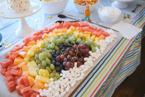 Rainbow Birthday Snack Ideas, Rainbow Color Party Ideas For Adults, Color Theme First Birthday Party, Pastel Rainbow Birthday Party Decorations Diy, Rainbow Friends Birthday Party Food, Fall Rainbow Birthday Party, Park Birthday Party Snacks, Rainbow Birthday Party Decorations Table, One Year Rainbow Party