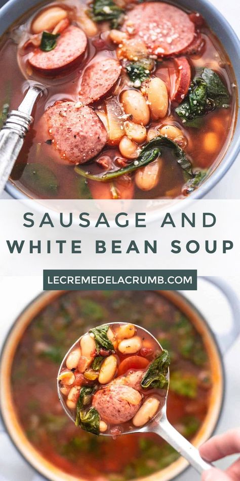 Keilbasa Recipes Soup White Beans, Soup Recipes With Sausage, Apocalypse Recipes, Sausage Kale White Bean Soup, Recipes With Sausage, Sausage And White Bean Soup, Kale White Bean Soup, Aldi Meals, Kale White Bean