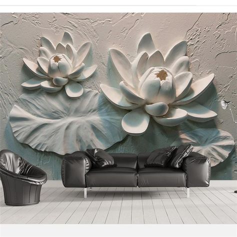 Relief Wallpaper, Lotus Flower Wallpaper, Lotus Wallpaper, 3d Wall Painting, 3d Wall Decor, Mural Floral, Clay Wall, Wall Decor Design, Kids Wall Decor