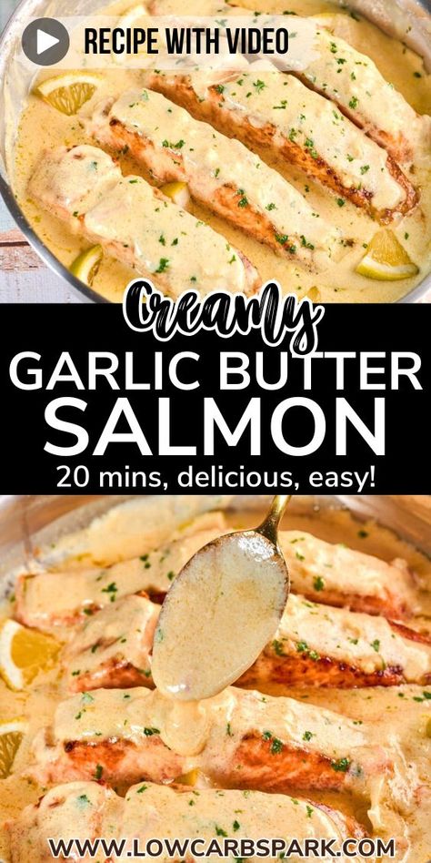 This 20-minute one-skillet salmon with creamy garlic sauce is quick to make with minimal effort. Enjoy perfectly pan-seared salmon complemented by a rich, garlicky cream sauce. It's the ultimate treat for any occasion! Garlic Cream Sauce For Salmon, Easy Salmon Meals, Salmon Recipes Cream Sauce, Recipes Using Salmon, Creamed Salmon Recipes, Creamy Garlic Butter Salmon, Best Salmon Recipes Pan Seared, Salmon With Sauce Recipes, Salmon With Hollandaise Sauce