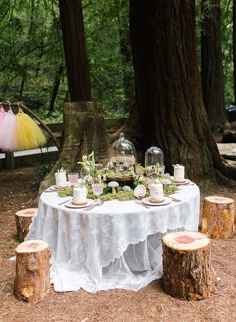 Outdoor Fairy Garden Party, Nature Party Themes, Fairy Forest Party Theme, Enchanting Birthday Party, Garden Themed Table Decor, Fairy Garden Tablescape, Fairy Themed Dinner Party, Woodsy Tea Party, Nature Birthday Ideas