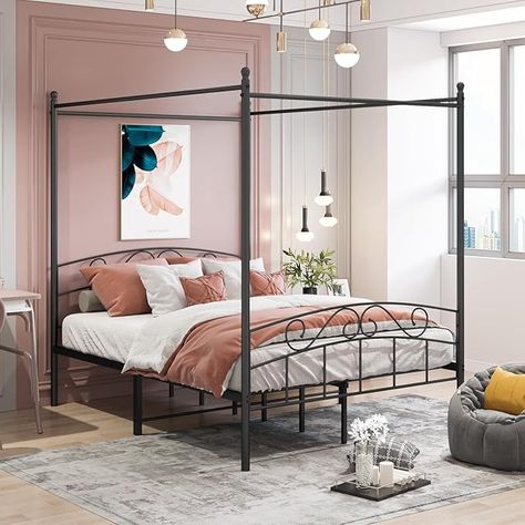 Panana Metal Canopy Bed Frame Double Size 4 Poster Platform Bed with Headboard&Footboard Home Modern Bedroom Furniture(Black) : Amazon.co.uk: Home & Kitchen Metal Canopy Bed Frame, Full Size Canopy Bed, Bed Frame Full Size, Queen Size Canopy Bed, Metal Canopy Bed, Canopy Bed Frame, Steel Bed Frame, Black Bedroom Furniture, Bed Frame Design