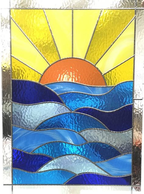 Stain Glass Sunset Patterns, Glass Painting Designs On Window, Stained Glass Landscape Simple, Glass Painting On Windows, Ocean Stained Glass Window, Glass Window Painting Ideas, Vitray Art Ideas Easy, Beachy Stained Glass Patterns, Sunrise Stained Glass Pattern