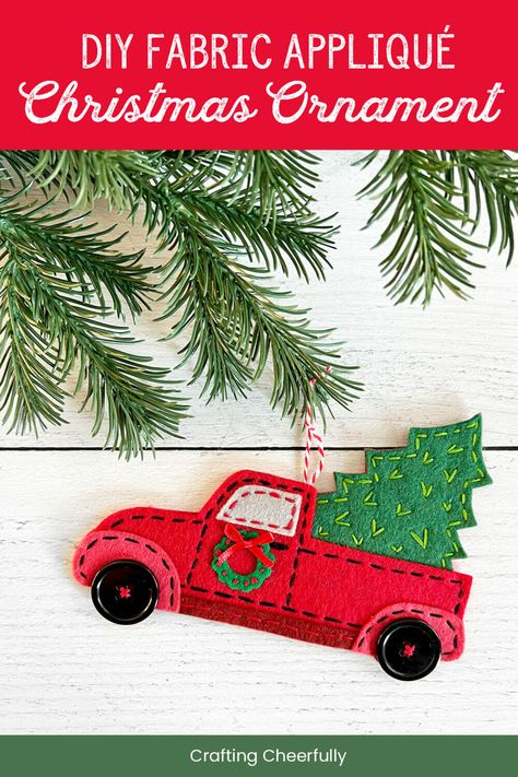 Red Truck Felt Christmas Ornaments, Red Truck Christmas Tree Ornaments, Felt Truck Ornaments, Red Truck Christmas Ornaments Diy, Diy Red Truck Christmas Tree Ornaments, Felt Truck Pattern, Felt Train Ornament, Christmas Felt Patterns, Felt Ornaments Patterns Free