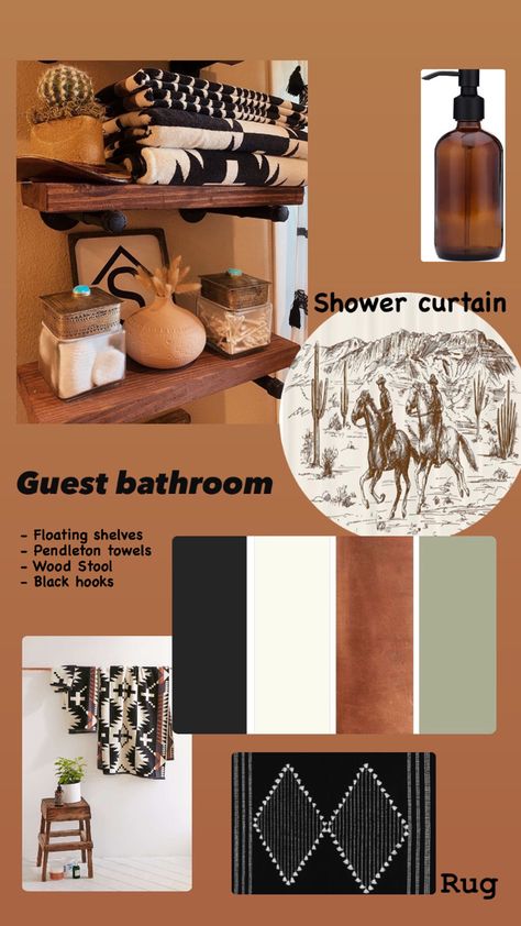 Bathroom Decor Ideas Western, Boho Western Master Bath, Pendleton Bathroom Decor, Men’s Bathroom Ideas Apartment, Black And Tan Boho Bathroom, Southwestern Guest Bathroom, Small Boho Farmhouse Bathroom, Western Bathroom Shelves, Western Bathroom Decor Ranch