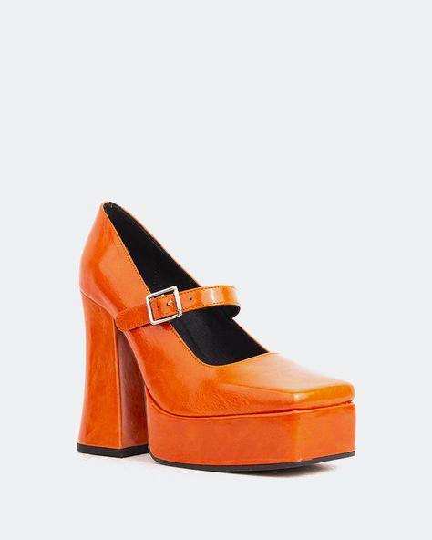 Detail(s):  Square Toe 4.75" Heel 1.5" Platform Ankle Strap Material(s):  Leather Upper Padded Insole Handmade in Spain Color(s):  Orange Red Orange Shoes, Muppets Disneybound, Orange Shoes Heels, Winx Stella, Skelita Calaveras, Orange Boots, Orange Accessories, Orange Heels, Color Fits