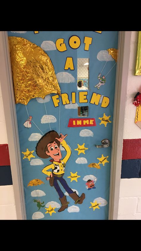 Toy Story Teacher Appreciation, Cartoon Classroom Theme, Disney Halloween Door Ideas, Toy Story Classroom Theme Bulletin Board, Toy Story Office Decorations, Classroom Door Disney, Disney Themed Classroom Doors, Preschool Classroom Decor Themes Class Door Back To School, Toy Story Door Decorations Classroom