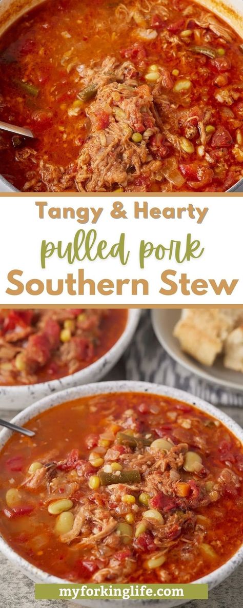 This classic southern stew is the perfect way to warm your body and soul this winter. The pulled pork, or chicken, in the tomato-based broth makes it extremely hearty and comforting. It is loaded with fresh veggies and smokey BBQ sauce that gives it a tangy, sweet flavor! Serve it with warm rolls and you'll have the perfect dinner. Pulled Pork Soups And Stews, Pulled Pork Vegetable Soup, Soups With Pulled Pork, Bbq Pork Soup Recipes, Soup With Pork Roast, Leftover Pulled Pork Soup, Shredded Pork Stew Recipes, Bbq Pork Soup, Pulled Pork Stew Recipes