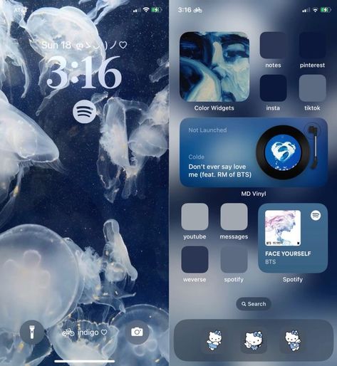 Jellyfish Iphone Theme, Jellyfish Ios Layout, Blue Home Screen Layout, Lockscreen Ideas Iphone, Blue Iphone Theme, Iphone Blue Aesthetic, Blue Phone Theme, Phone Themes Aesthetic, Blue Aesthetic Iphone