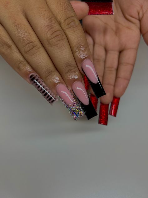 Black And Silver Red Bottom Nails, Black And White Red Bottom Nails, Square Acrylic Nails Red Bottoms, Red And Black Nails Black Women, Red Prom Nails Black Women, Short Red Birthday Nails, Black Red Bottom Nails Square, Black French Tip Nails Red Bottoms, Black French Tip Red Gems