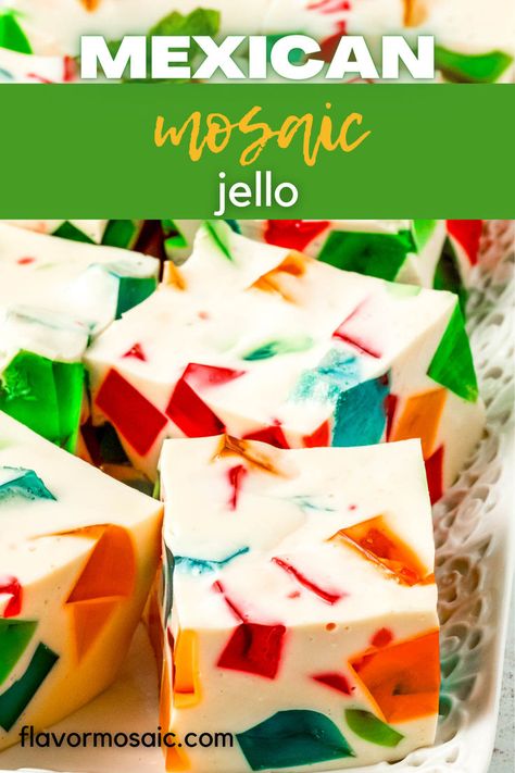 This Mexican mosaic jello is a classic Mexican dessert that resembles a cathedral's window! This classic dessert is perfect for many special occasions, such as Christmas, children’s birthday parties, or anytime. Next time you want an easy, light, unique dessert, make this Stained Glass Gelatin. It will become one of your favorite Dessert Recipes. Mosaic Jello Recipe, Mosaic Jello, Mexican Jello Recipe, Mexican Mosaic, Jello Deserts, Jello Flavors, Gelatin Recipes, Christmas Children, Gelatin Dessert