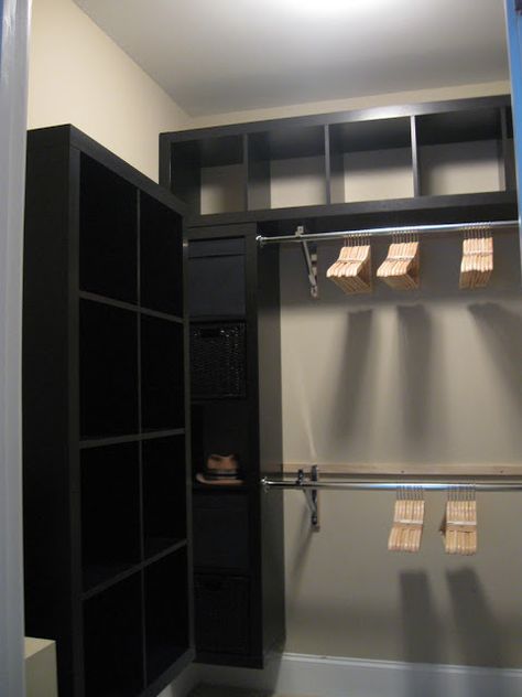 IKEA Hackers: Expedit Closet - Small Walk-in.. would LOVE this for a closet, it would be perfect for me and nate Black Closet Ideas, Diy Closet System, Small Walk In Closet, Closet Redo, Black Closet, Ikea Closet, Closet Hacks, Walking Closet, Small Closets