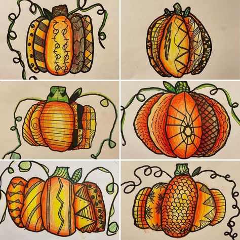 🎃 Third grade Zentangle Pumpkins are GLOW-rious!! 🤩 🎨 This lesson was FULL of art elements! 🖍 We began by discussing organic vs… | Instagram Zentangle Pumpkins, Pumpkin Art Project, Halloween Art Lessons, Arte Pop Up, Analogous Colors, Homeschool Art Projects, Halloween Art Projects, Pumpkin Drawing, Autumn Leaves Art