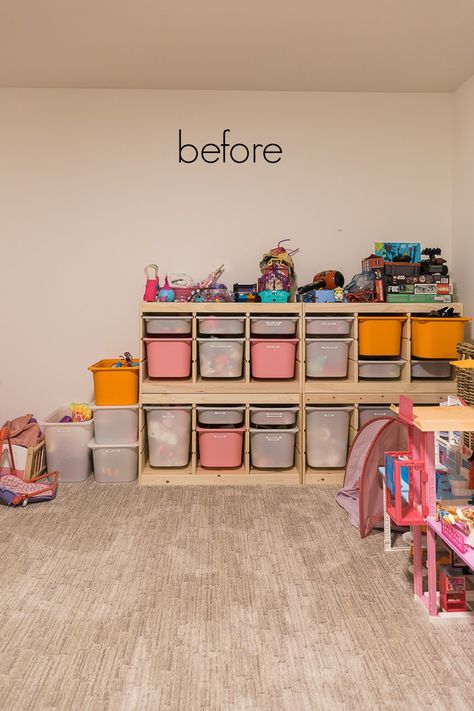 My Current House | So Much Better With Age Small Toy Room Organization, Playroom Wall Storage Ideas, Basement Toy Organization, Kids Art Storage Ideas, Small Bedroom Toy Storage Ideas, Trofast Playroom Ideas, Floating Shelves Kids Room, Wall Toy Storage Ideas, Toy Storage For Small Spaces Bedrooms