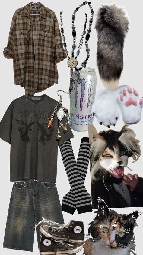 Grunge Therian Outfits, Therian Outfits Cat, Catcore Outfits, Coyote Therian Outfit, Therian Outfits For School, Therian Clothing Style, Calico Cat Therian Mask, Therian Fashion, Therian Accessories