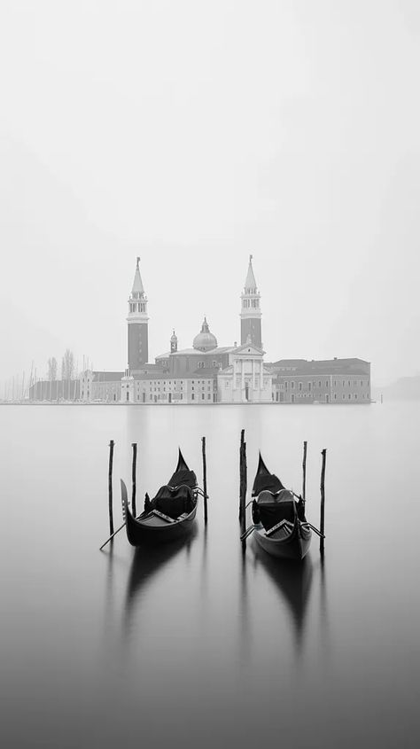 The image is in black and white. It shows two gondolas on a canal in Venice ->> more details in ai-img-gen.com Venice Black And White, Venice Gondola, Republic Of Venice, Large Building, Two Towers, Italian House, Venice Canals, Tuscan Villa, Italy Photo