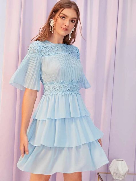 Prom Dancing, Layered Hem Dress, Styles Clothes, Stylish Gown, Gown Styles, Blue Pastel, Frill Dress, Pleated Bodice, Guipure Lace